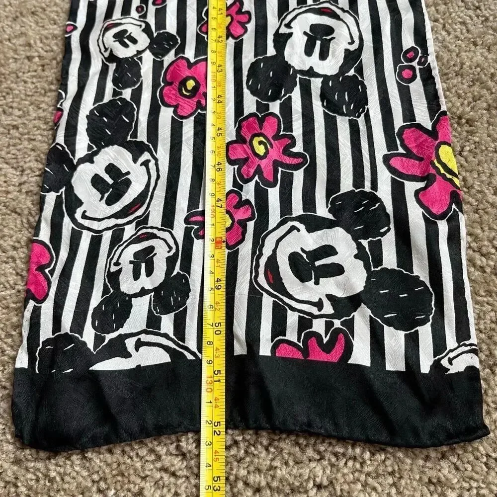 VTG Mickey Mouse Graphic Scarf Black White Pink Stripes 10x52 Disney Style